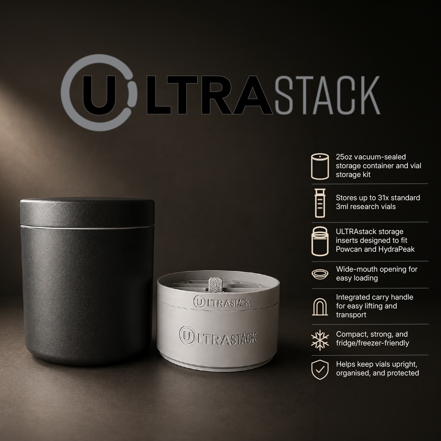 25oz Vacuum-Sealed Peptide Vial Storage Container for 3ml Vials | ULTRAstack