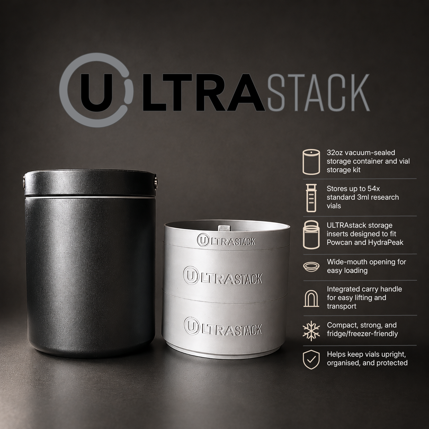 32oz Vacuum-Sealed Peptide Vial Storage Container for 3ml Vials | ULTRAstack